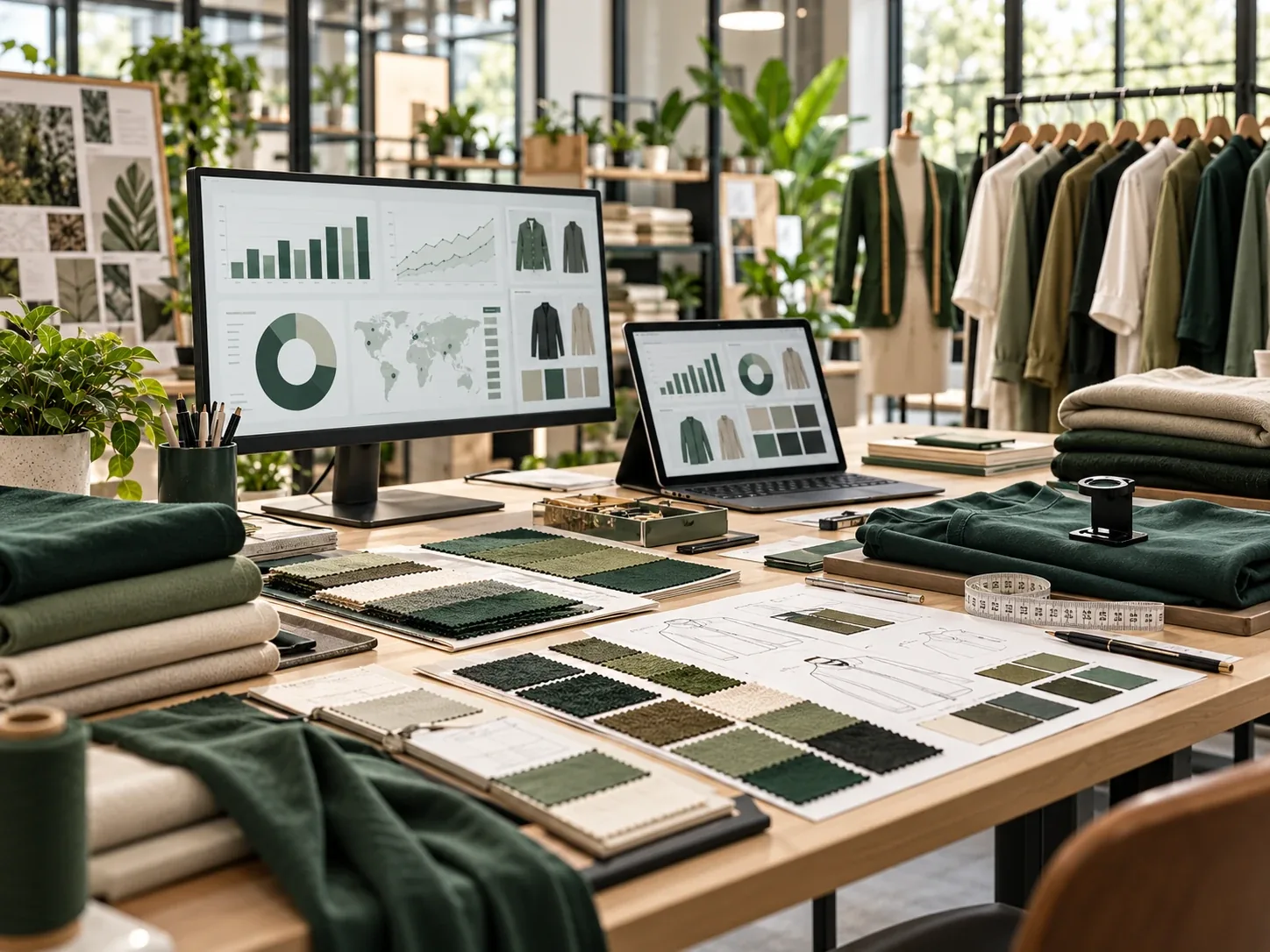 Illustrative workspace with apparel sourcing workflows and product information