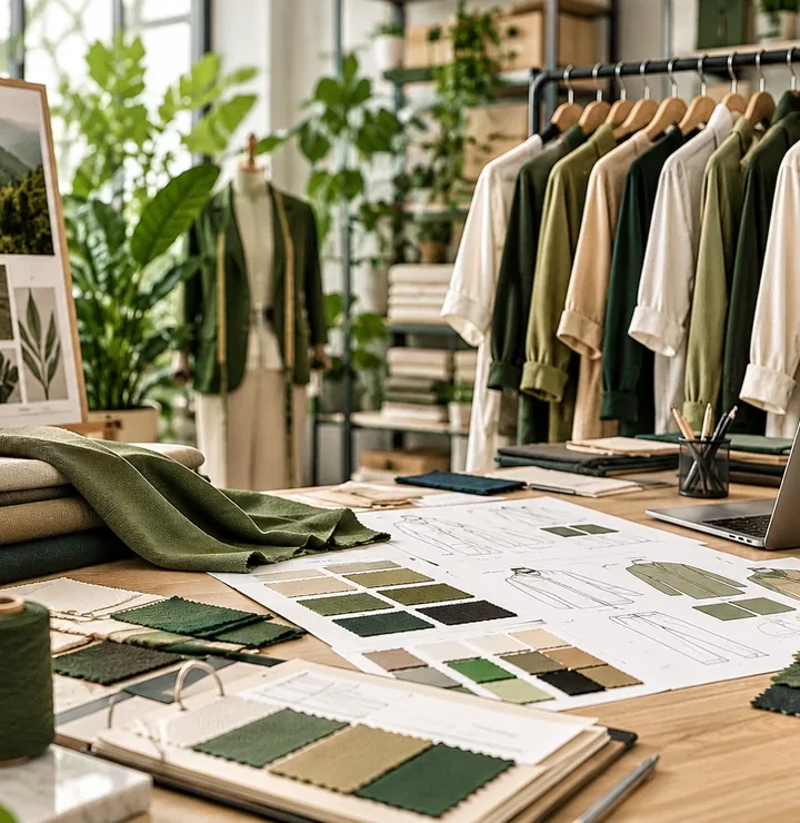 Garment design studio with fabrics, color swatches and apparel samples