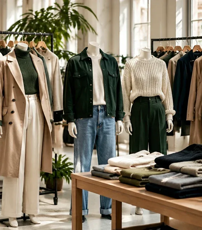 Editorial apparel selection on mannequins and display racks